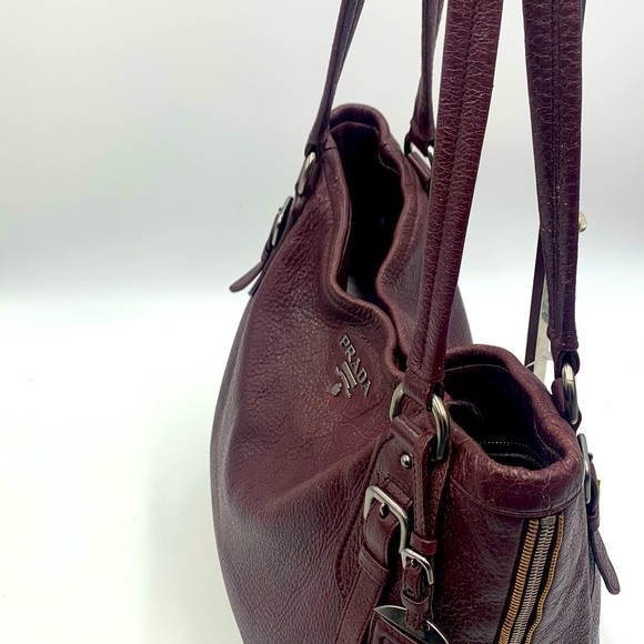 Auth Prada Burgundy Plum Cervo Shine Leather Double Zipper Shoulder Bag Preloved - Picture 16 of 16